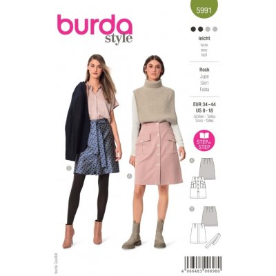 Burda Střih Burda 5991 - Propínací sukně s vysokým pasem, áčková sukně, džínová sukně