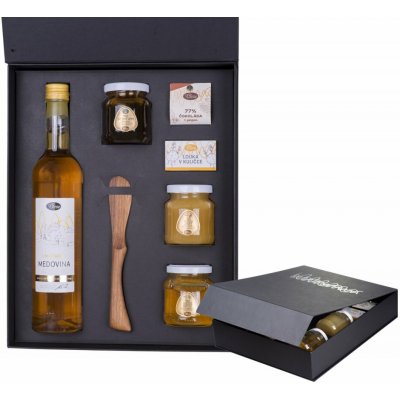 Pleva Dárková kazeta Medový zážitek Medovina z limitované edice 0,5 l, Med květový z lipové oblasti 170 g, Med květový z akátové oblasti 170 g, Med květový z oblasti lesa 170 g, dřevěný nůž 19,5 – Zboží Dáma