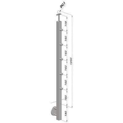 Nerezový sloup, boční kotvení, 5 řadový průchodný, venkovní, vrch pevný, (40x40 mm), broušená nerez K320 / AISI304