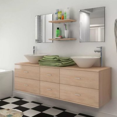 vidaXL Devítikusový set koupelnového nábytku s umyvadlem a baterií, béžový – Zboží Mobilmania