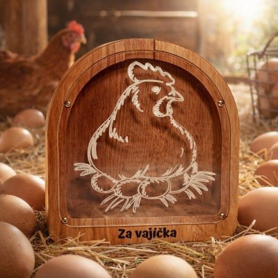 Dřevěná pokladnička slepice – pokladnička za vejce s možností jména – Zboží Dáma