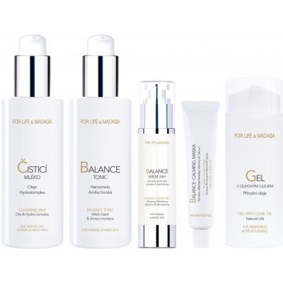 For Life & Madaga Čisticí mléko 200 ml + Balance tonic 200 ml + Balance krém 24H 50 ml + Balance-calming maska 18 ml + Gel s olivovým olejem 100 ml dárková sada – Zboží Dáma