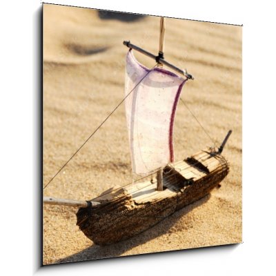 Skleněný obraz 1D - 50 x 50 cm - wooden sail ship toy model in the sea sand dřevěná plachetnice model hračky v mořském písku – Zboží Mobilmania