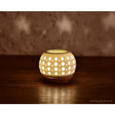 Lucenta kulatá aroma lampa s hvězdným dekorem matná bílá glazura & keramický podstavec v dekoru dřeva – Hledejceny.cz