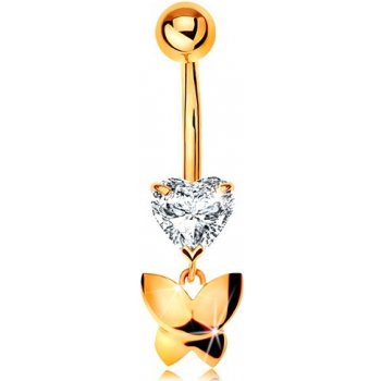 Šperky eshop zlatý piercing do pupíku čiré broušené srdíčko, visící lesklý motýl GG185.25