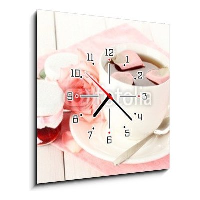 Obraz s hodinami 1D - 50 x 50 cm - cup of tea with roses and jam on white wooden table šálek čaje s růží a džemem na bílém dřevěném stole – Zboží Mobilmania