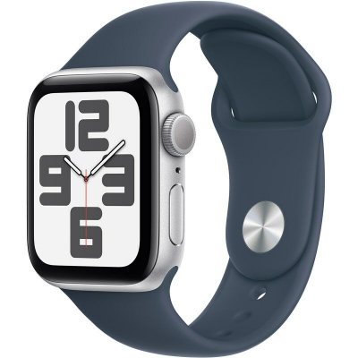 Chytré hodinky Apple Watch SE 2023 GPS 44mm pouzdro ze stříbrného hliníku - bouřkově modrý sportovní řemínek - S/M