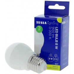 Tesla LED žárovka miniglobe BULB E27, 8W, 230V, 900lm, 25 000h, 3000K teplá bílá, 220st