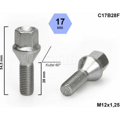 Kolový šroub M12x1,25x28 kužel, klíč 17, C17B28F, výška 54,5 mm – Zboží Mobilmania