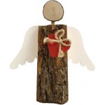 AMADEA Dřevěný anděl s kůrou s bílými křídly a čeveným srdcem masivní dřevo 19x14,5x3 cm
