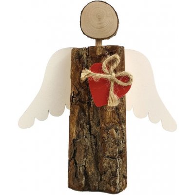 AMADEA Dřevěný anděl s kůrou s bílými křídly a čeveným srdcem masivní dřevo 19x14,5x3 cm