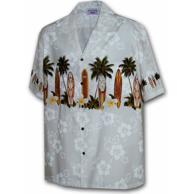 Pacific Legend Bílá havajská košile s motivem palem a surfování – Sleviste.cz