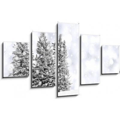 Obraz 5D pětidílný - 125 x 70 cm - Snowy trees with twinkling silver background and snowflakes Zasněžené stromy s blikajícím stříbrným pozadím a sněhové vločky – Zboží Mobilmania