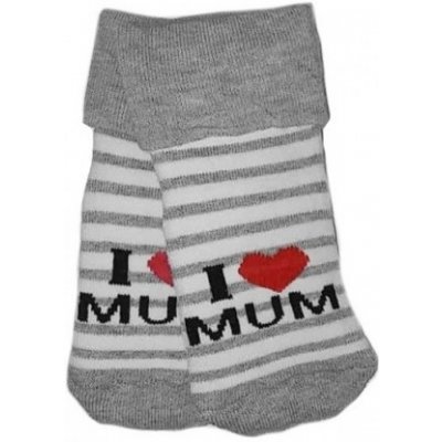 Kojenecké froté bavlněné ponožky I Love Mum bílo šedé proužek – Zboží Mobilmania