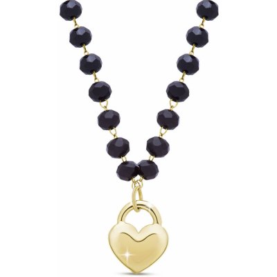Biju Korále černé spojené pozlacenými 14k očky a srdíčkem, 3002285 – Zboží Dáma