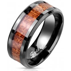 Šperky Eshop ocelový prsten v černé barvě proužek s dřevěným motivem hladká čirá glazura AB39.15