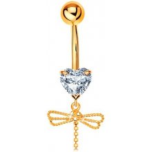 Šperky eshop zlatý piercing do pupíku čiré srdíčko visící vážka s ohebným ocáskem GG183.31