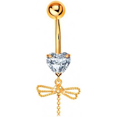 Šperky eshop zlatý piercing do pupíku čiré srdíčko visící vážka s ohebným ocáskem GG183.31 – Zboží Mobilmania