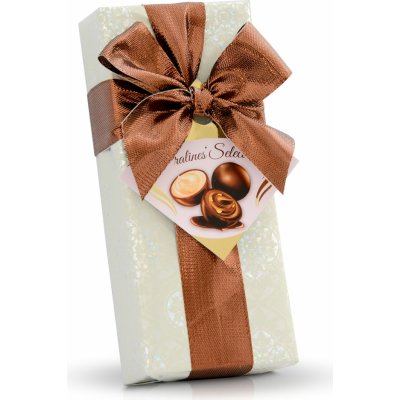 Selllot Pralinky z hořké čokolády s kakaovou, smetanovou a lískooříškovou náplní metalický papír s hnědou mašlí 70 g – Sleviste.cz