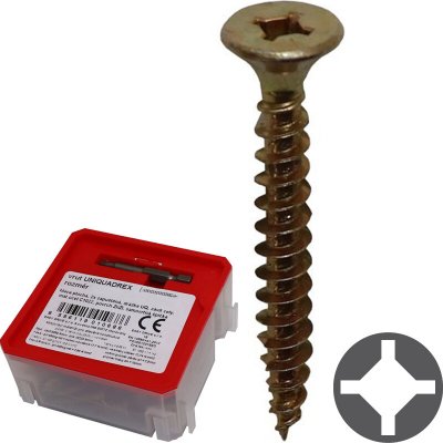 Vrut do dřeva se zapuštěnou hlavou UQ FLAT 5 x 40 mm, drážka UNIQUADREX, celý závit, Q-box 90 ks + bit 8596119010686 – Hledejceny.cz