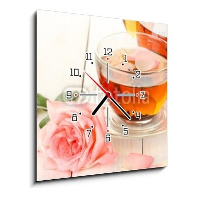 Obraz s hodinami 1D - 50 x 50 cm - teapot and cup of tea with roses on white wooden table čajová konvice a šálek čaje s růží na bílém dřevěném stole – Zboží Mobilmania