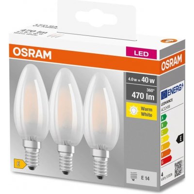 Osram Sada LED žárovek svíčka, 4 W, 470 lm, teplá bílá, E14, 3 ks LED BASE CL B GL FR 40 NON-DIM 4W – Hledejceny.cz