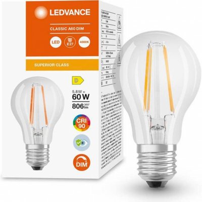 LEDVANCE LED žárovka LED E27 A60 5,8W = 60W 806lm 4000K Neutrální bílá 300° CRI90 Filament Stmívatelná Superior – Zboží Mobilmania