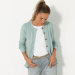 Svetr na knoflíky s copánkovým vzorem šedozelená – Zboží Dáma