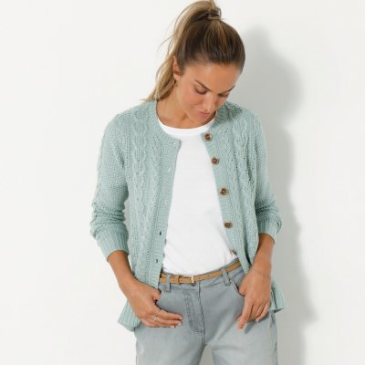 Svetr na knoflíky s copánkovým vzorem šedozelená – Zboží Dáma