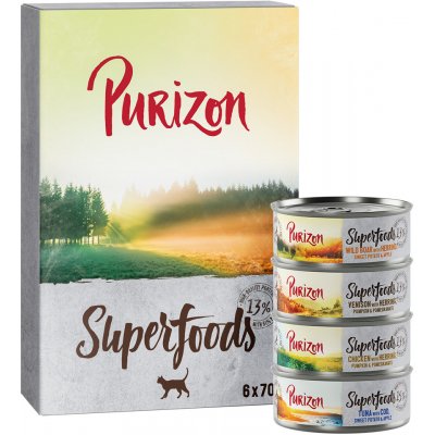 Purizon Superfoods míchané balení 2 x kuřecí 2 x tuňák 1 x divočák 1 x zvěřina 6 x 70 g – Zboží Mobilmania