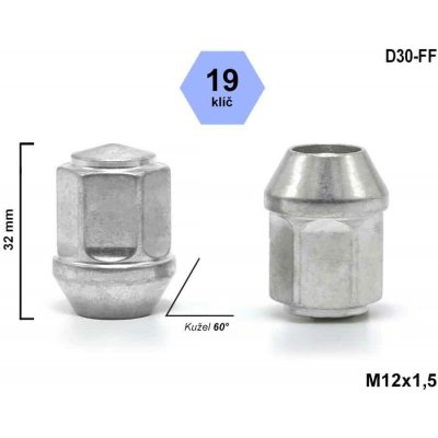 Kolová matice M12x1,5 kužel uzavřená, klíč 19, výška 32 mm, D30-FF, FORD, VOLVO – Sleviste.cz