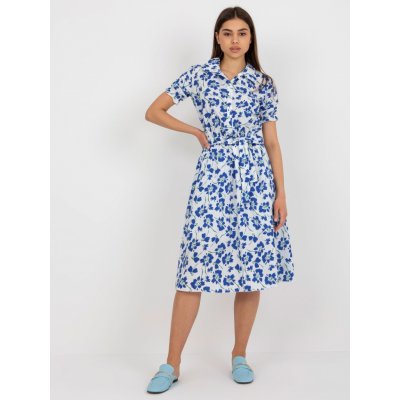 Basic midi šaty s květinovým potiskem a páskem bílo-modré – Zboží Mobilmania