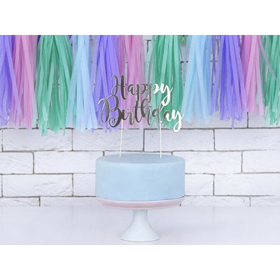 PartyDeco Ozdoba na dort Happy Birthday stříbrná – Zboží Dáma