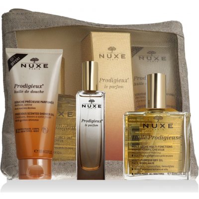 NuxeHuile Prodigieuse Huile Prodigieuse suchý olej 100 ml + Prodigieux sprchový olej 100 ml + EDP Prodigieux 30 ml + kosmetická taštička pro ženy – Sleviste.cz