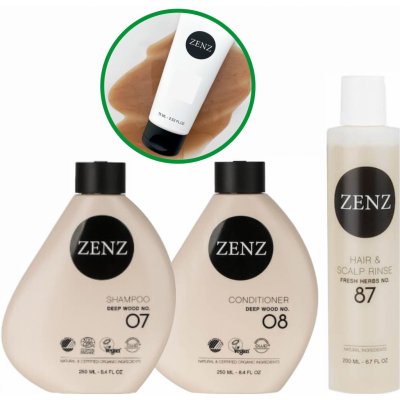 Zenz Organic Zenz NO.07 Deep Wood šampon 250 ml + Zenz NO.08 Deep Wood  kondicionér 250 ml + Zenz NO.87 Hair Rinse & Treatment Fresh Herbs 200 ml  dárková sada od 1 685 Kč - Heureka.cz