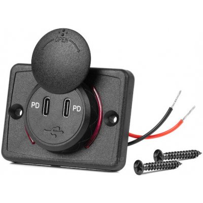 Vodotěsná nabíječka na telefon čtvercového tvaru s ČERVENÝM LED podsvícením 2xUSB C 12/24V AMIO-04232, , , – Zboží Živě