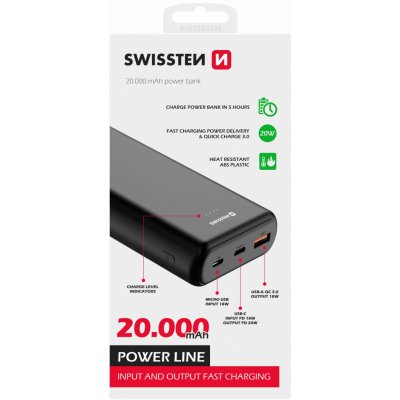 Power Bank SWISSTEN Power Line 20000 mAh 20W POWER DELIVERY, černá, 47982 – Zbozi.Blesk.cz