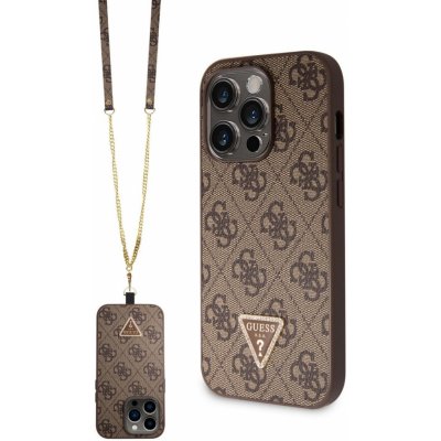 Pouzdro Guess PU 4G Strass Triangle Metal Logo + Crossbody Popruh iPhone 15 Pro Max hnědé – Zboží Mobilmania