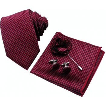 Červeno černý Set kravata kapesník a manžetové knoflíčky + brož Houndstooth