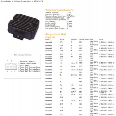 DZE regulátor napětí KAWASAKI VN 750/1500; ZN 700/1100; ZR 750 91-93; ZX 400/550/600; ZZ-R 400/500/600 (RGU-403, ESR260) (21066-1101) - nahrazuje 2306-01 – Hledejceny.cz