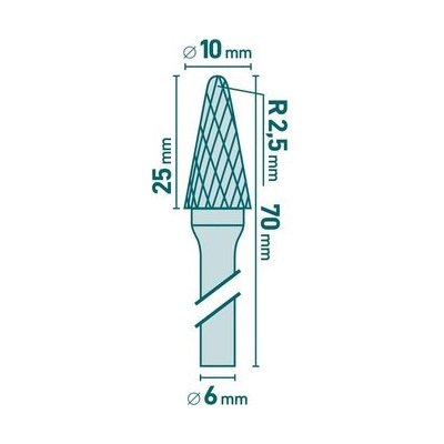 Extol Industrial (8703784) fréza karbidová, konická zakulacená (R 2,5mm), pr.10x25mm/stopka 6mm,sek střední(double-cut) – Zboží Mobilmania