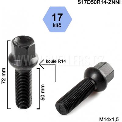 Kolový šroub M14x1,5x50 koule R14, klíč 17, S17D50R14F-BLACK, výška 72 mm | Zboží Auto