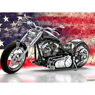 WEBLUX 218075283 Fototapeta vliesová Custom black motorcycle with American flag background with dispersion effects. Made in America concept. 3d rendering Vlastní černý rozměry 270 x 200 cm – Hledejceny.cz