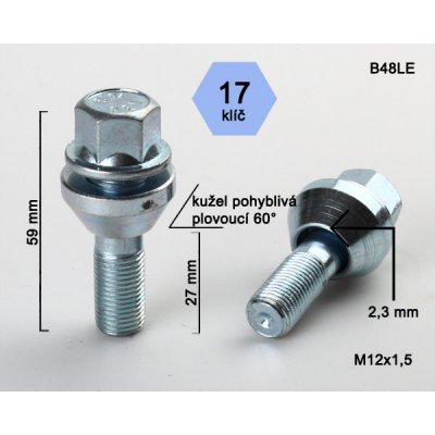 Kolový šroub M12x1,5x27 plovoucí kužel, klíč 17, B48LE; výška 59