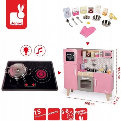 Janod Velká dřevěná kuchyňka Macaron růžová s příslušenstvím a zvuky – Zboží Dáma