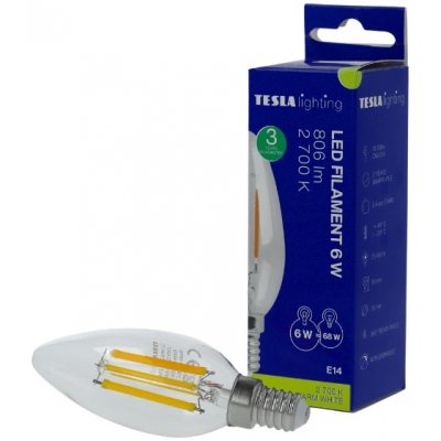 Tesla LED žárovka FILAMENT RETRO svíčka E14, 6W, 230V, 806lm, 25 000h, 2700K teplá,360st,čirá