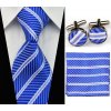 Kravata Modro bílý Set kravata kapesník a manžetové knoflíčky Line