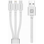 Swissten 72501102 3in1 MFi 1,2m Kabel, nabíjecí a synchronizační, USB 2.0 (M) na micro USB (M), USB-C (M) a Lightning (M), opletený, 1,2m, stříbrný – Zbozi.Blesk.cz