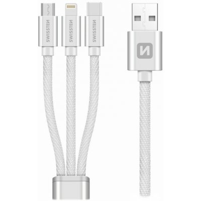 Swissten 72501102 3in1 MFi 1,2m Kabel, nabíjecí a synchronizační, USB 2.0 (M) na micro USB (M), USB-C (M) a Lightning (M), opletený, 1,2m, stříbrný – Hledejceny.cz