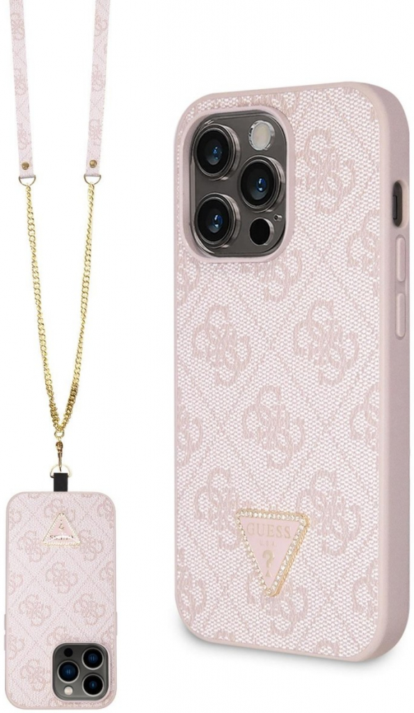 Pouzdro Guess PU 4G Strass Triangle Metal Logo + Crossbody Popruh iPhone 15 Pro Max růžové